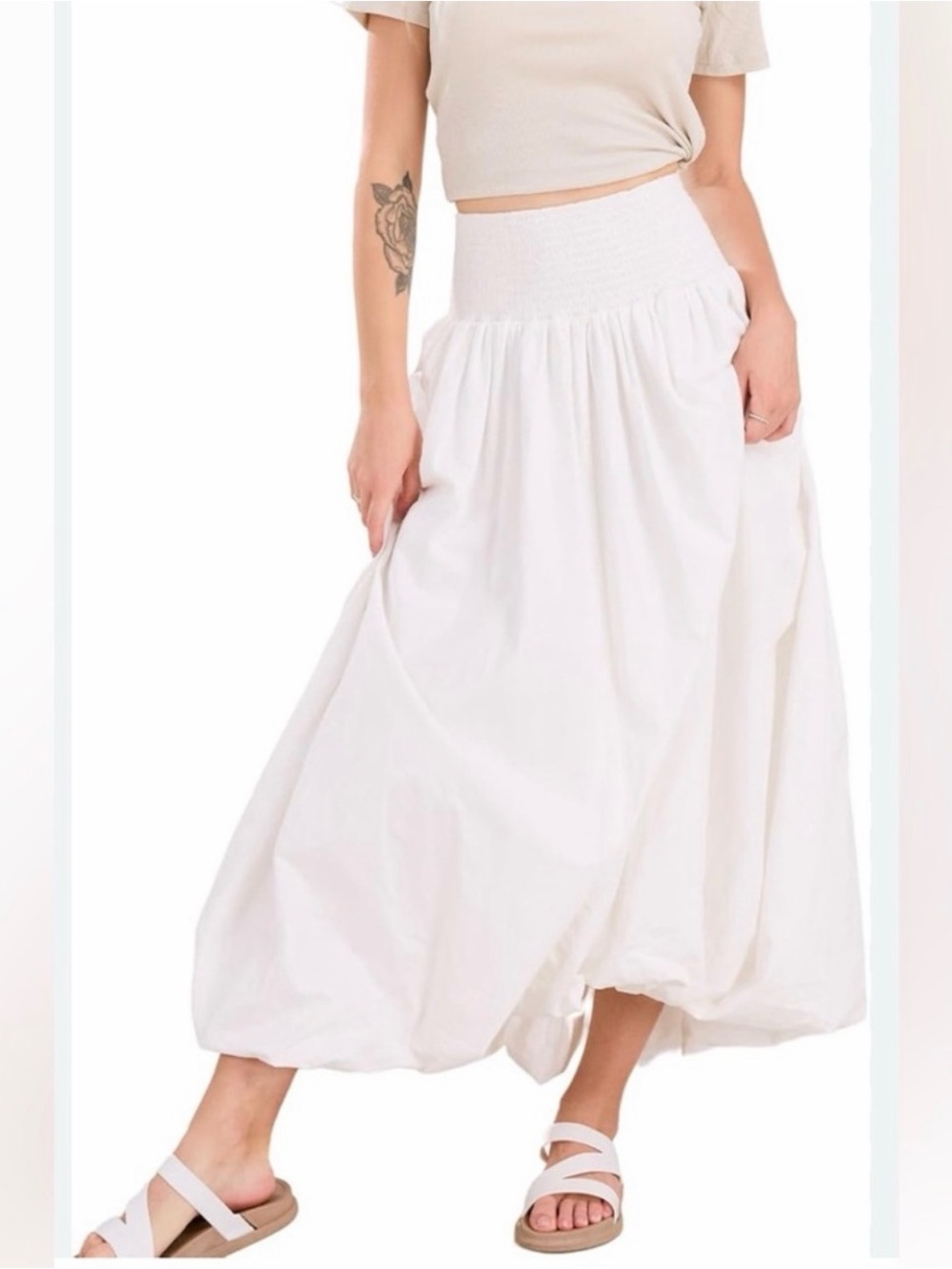 White Maxi Skirt with Smocked Waist and Full Silhouette